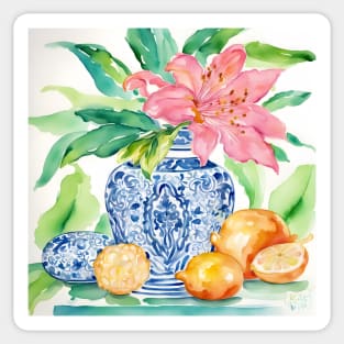 Blue and white chinoiserie jar, tiger lily and lemons watercolor Sticker